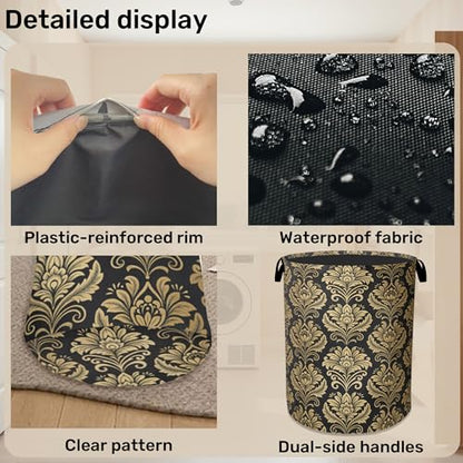 Gold Black Damask Flowers Laundry Basket - Extra Large Foldable Washable Laundry Hamper with Handles, Storage Bin for Bathroom/Laundry/Bedroom/Dorm - color: Golden Damask Flowers