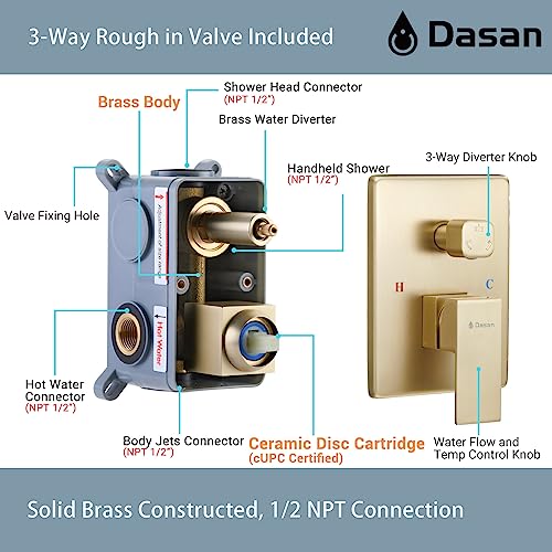 DASAN Full Body Shower System with 6 PCS Body Spray Jets & 12'' Rain Shower Head & Handheld, Ceiling Mount Rain Shower System Brushed Gold Shower Faucets Sets Complete with Valve, SA-SS03ABG-S12C - color: Brushed Gold
