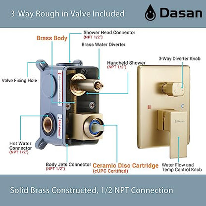 DASAN Full Body Shower System with 6 PCS Body Spray Jets & 12'' Rain Shower Head & Handheld, Ceiling Mount Rain Shower System Brushed Gold Shower Faucets Sets Complete with Valve, SA-SS03ABG-S12C - color: Brushed Gold