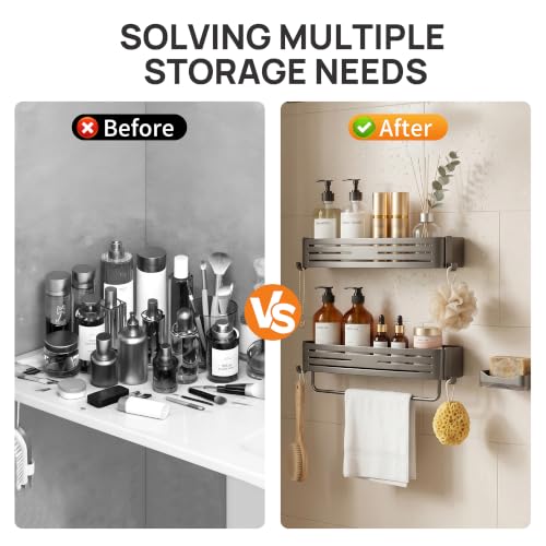 Gun Grey Adhesive Square Shower Caddy with Towel Bar, Soap Dish and Hooks | No-drill gun grey shower basket with towel bar, soap dish and hooks for smooth tile, glass and stainless steel bathroom walls - color: grey gun