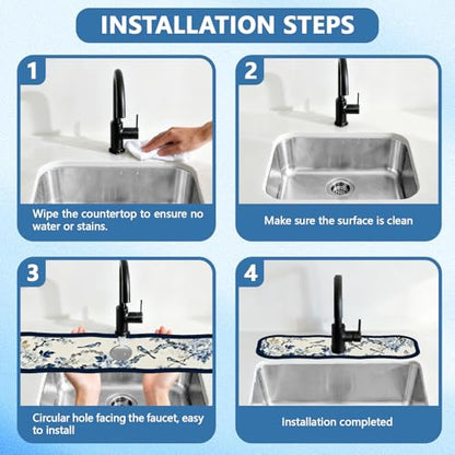 2 Pcs Irregular Shape Kitchen Sink Splash Guard Faucet Mat Flower and Bird Painting Pattern Faucet Mat for Sinks Chinese Style Absorbing Drying Mats for Kitchen Bathroom, 23.6x5.5inch - color: Flower and Bird