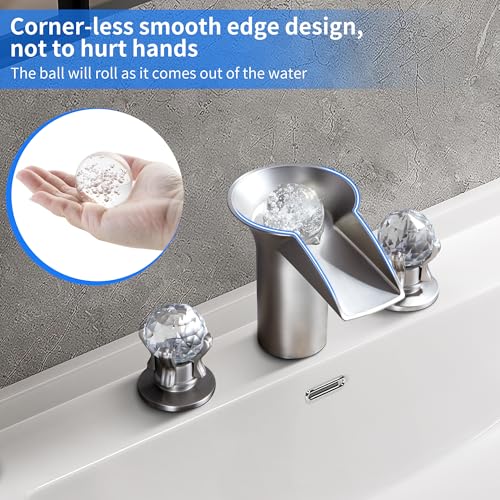 SKOWLL Bathroom Sink Faucet Waterfall, Modern Free Floating Crystal Ball with LED Light, 2 Handle Deck Mount 8 inch Widespread Bathroom Faucet 3 Hole, Brushed Nickel - color: Brushed Nickel