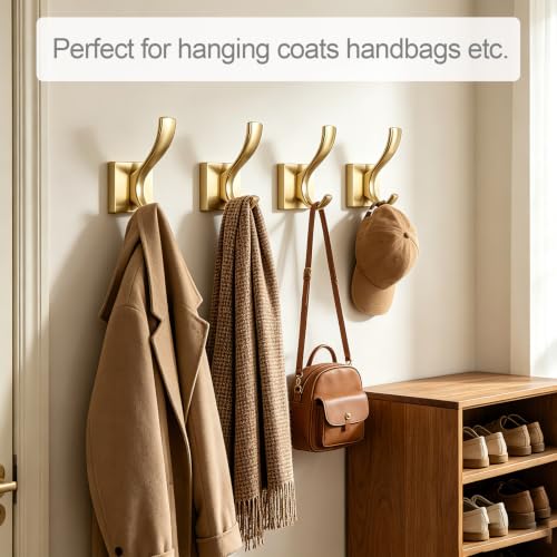 Brushed Gold Heavy Duty Wall Mounted Towel Hooks for Bathroom Bedroom | Metal Double Rust-proof Robe Coat Hooks for bath Kitchen Pool Garage Hotel Mudroom - color: Brushed Gold 4