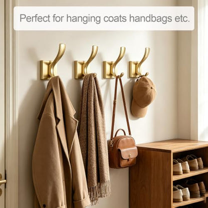 Brushed Gold Heavy Duty Wall Mounted Towel Hooks for Bathroom Bedroom | Metal Double Rust-proof Robe Coat Hooks for bath Kitchen Pool Garage Hotel Mudroom - color: Brushed Gold 4