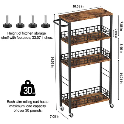 NOVIMANGO Slim Storage Cart Rolling Kitchen Cart with Wheels 4 Tier Bathroom Cart Narrow Laundry Storage Utility Cart Trolly Cart with Handle for Small Spaces, Brown - color: Brown