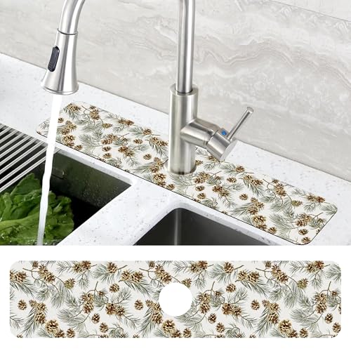 Abstract Pine Cones Sink Faucet Absorbing Mat Splash Guard Behind Faucet Sink Mat Absorbent Fast Drying Faucet Draining Mat for Bathroom Kitchen 5.5"×24" - size: 24" x 5.5"