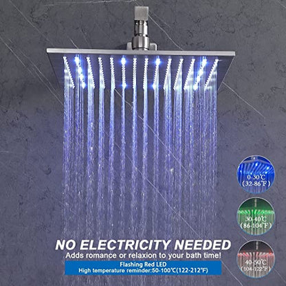 Enga Brushed Nickel Shower System with Body Spray Jets, Wall Mount 12 Inch LED Rain Shower Head Push Button Diverter Shower Fixtures, All Functions Can Run At Once - color: Brushed Nickel, style: Wall Mount-6 Jets