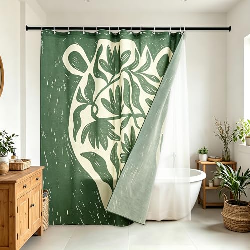 Tropical Green Flower Linen Shower Curtain Set with Liner,72"Wx72"L | Double Layer Shower Curtain Waterproof Fabric with Zippered Removable PEVA Liner,Boho Shower Curtain for Bathroom,Free Hooks - color: Green Vase Floral