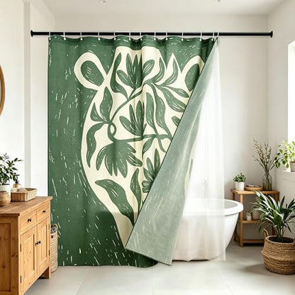 Tropical Green Flower Linen Shower Curtain Set with Liner,72"Wx72"L | Double Layer Shower Curtain Waterproof Fabric with Zippered Removable PEVA Liner,Boho Shower Curtain for Bathroom,Free Hooks - color: Green Vase Floral