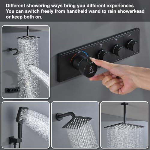 Shower System Brass Thermostatic Shower Faucet Set With Valve and Diverter Shower Mixer With Rain Head and Handheld High Pressure Square Rainfall - color: Matte Black, style: 12+6'' Wall Mount Thermostatic Valve