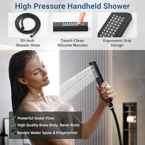 Thermostatic Shower System, Waterfall Shower Head(Matte Black) | 22-Inch Rain & Waterfall Large Shower Head, High Pressure Handheld Sprayer, 3 Modes Push Button Valve - color: Matte Black