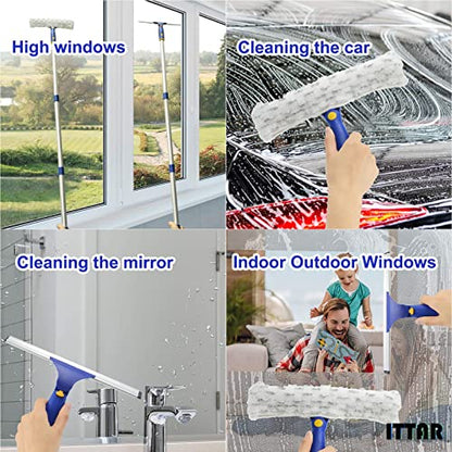 Window Squeegee with 2 Sets Separate Pole, 12" Rubber Squeegee and 11" Microfiber Pads, 60"-73.6" Telescopic Window Cleaning Kit with Rotating Head for High Windows, Shower Glass, Car Windshield - color: White&blue