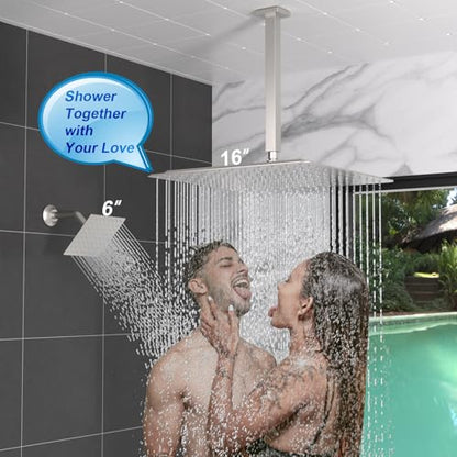 Enga Thermostatic Dual Head Shower System, 16" + 6" Dual Rainfall Shower System (Can All Run Together & Volume Adjustable) Dual Shower Head Combo Set, Brushed Nickel - color: Brushed Nickel, style: ‎16"+6" Head