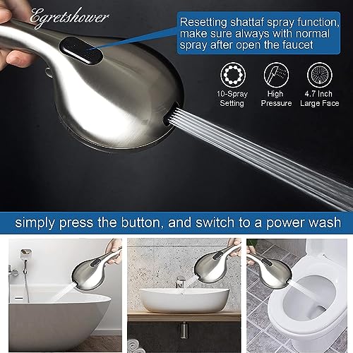 High Pressure Handheld Shower Head, 10-Setting Showerhead, 4.7”Detachable Showerhead Set with 5ft Hose, Adjustable Bracket and Built-in Power Wash to Clean Tub, Tile & Pets - Brush Nickel - color: Brush Nickel