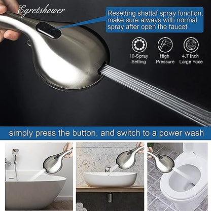 High Pressure Handheld Shower Head, 10-Setting Showerhead, 4.7”Detachable Showerhead Set with 5ft Hose, Adjustable Bracket and Built-in Power Wash to Clean Tub, Tile & Pets - Brush Nickel - color: Brush Nickel