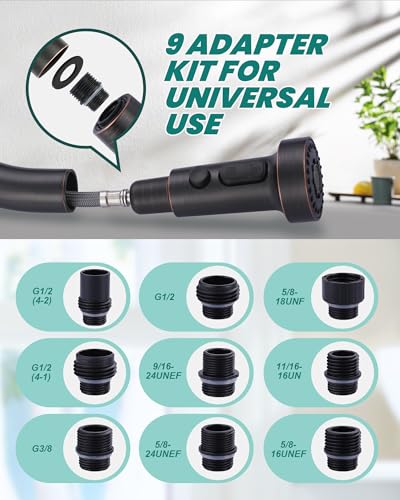 Pull Down Faucet Head Replacement: 3-Function Kitchen Faucet Head with 9 Adapters - Oil Rubbed Bronze Kitchen Sink Spray Replacement Compatible with Moen, Delta, American Standard Faucets - color: Oil Rubbed Bronze