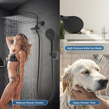 12" Metal Rainfall Shower Head with 10-Mode Handheld, Oil Rubbed Bronze | NSF/ANSI/CAN 372 Certified, High Pressure Showerhead Combo with 11" Adjustable Shower Arm, 71" Hose, Shower Head Holder - color: Oil Rubbed Bronze, style: Square 12"