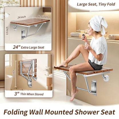 𝙐𝙥𝙜𝙧𝙖𝙙𝙚 24 Inch Teak Folding Shower Seat Wall Mounted, 550 Lbs Capacity Sturdy Shower Bench with 316 Stainless Steel Frame & Finish Caps, Narrow Bathroom Space Saving Teak Wood Shower Chair - size: 24 inch