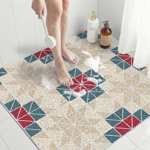 Square Non Slip Shower Mat, 31"x31" PVC Loofah Shower Floor Matt for Tub & Bathroom Floor, Extra Large Loofah Shower Mats for Home, Poolside Entryway, Soft Textured & Elderly Safe, Red Geometry - color: Red Geometry, size: 31" x 31" (Square)