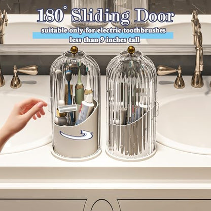 Toothbrush and Toothpaste Holders with Cover, Transparent | Waterproof and Dustproof, 360° Rotating Base, Smooth Sliding Door, 3 Slots, for Bathroom Countertop - color: Transparent