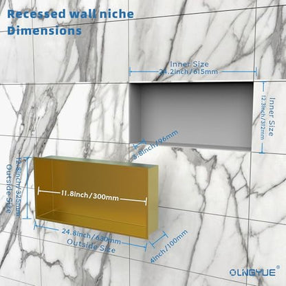 Brushed Gold Shower Niche: No Tile Needed Stainless Steel - 24"x12" Recessed Wall Niches Shelf for Bathroom Kitchen Toilet Storage - color: Brushed Gold