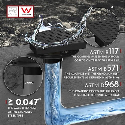 6 Inch Square Shower Drain Black Floor Drain with Flange Square Holes Pattern Cover Grate Removable SUS304 Stainless Steel Watermark&CUPC Certified Matte Black - color: Matte Black, size: 6 Inch