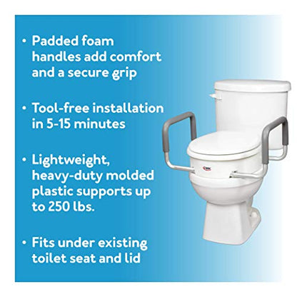 Carex 3.5 Inch Raised Toilet Seat with Arms, Elongated Toilet Seat Riser, Up to 250 lbs Capacity, Elevating & Raising Seat for Elderly & Handicap, Universal, Slip-Resistant with Padded Handles, White - size: Elongated