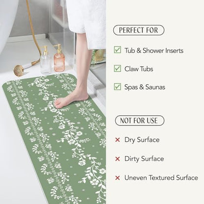 SHUCHING Green Bath Mat for Tub Non Slip-40x16 Inch, Flower | Bathtub Mat for Women & Elderly Mold Free, Long Shower Mat for Inside Shower with Suction Cup, Machine Washable - color: Green