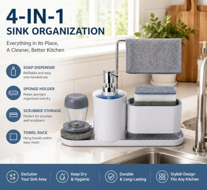 4-Piece Kitchen Sink Caddy with Soap Dispenser – Sponge Holder & Scrubber Brush, Removable Drain Tray, Dishcloth Bar, All-in-One Countertop Organizer for Kitchen & Bathroom – White