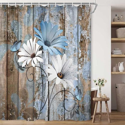 JAWO Farmhouse Flower Floral Shower Curtain, Rustic Blue Daisy Shower Curtain Set, Country Blue Wild Garden Plant Fabric Shower Curtain with Hooks, Brown Wooden Board Bathroom Curtain, 69x84inch - color: Daisy-blue, size: 69"W x 84"L (Pack of 1)