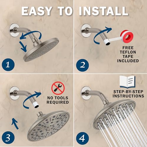 Rainfall Shower Head - 2.5 GPM - Brushed Nickel | 8 Inch Large Overhead Rain Showerhead With Self-Clean Nozzles, High Flow, Easy Install, Adjustable Brass Ball Joint - color: Brushed Nickel