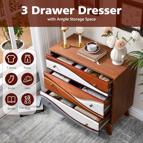 Ahokua 3-Drawer Dresser with Sculpted Wave Fronts, Tri-Color Drawer Design, Modern Chest of Drawers Storage Cabinet for Bedroom, Living Room, Hallway, or Office