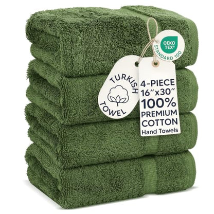 Chakir Turkish Linens 4 Piece Hand Towels, 100% Cotton Turkish Towels for Bathroom, Luxury Soft Absorbent Hand Towel Set, 16 x 30 Inches, Moss - color: Moss