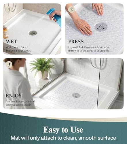 HITSLAM 21x21 Inch Square Shower Mat Non Slip, Anti Slip Bathtub Mat with Strong Suction Cups & Drainage Holes, Machine Washable Bathroom Floor Mat for Inside Shower Stall and Tub, Clear - color: Clear
