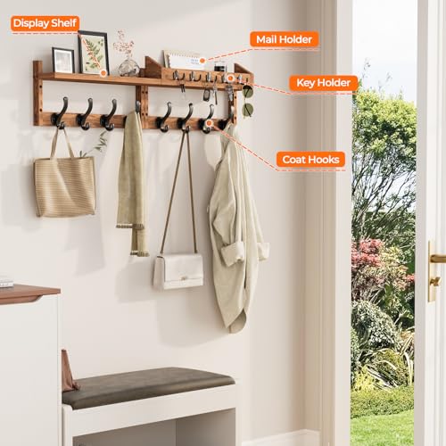 Evermagin 35" Coat Rack Wall Mount with Shelf & 13 Hooks, Entryway, Brown | Wooden Wall Mounted Coat and Key Rack with Hooks, Key Hanger with Mail Holder for Living Room, Mudroom, Bedroom - color: Brown, size: 35 inch