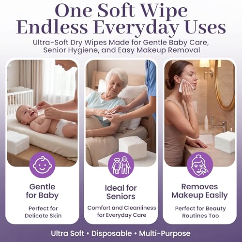 Disposable Dry Wipes, 100 Pack – Ultra Soft Non-Moistened Cleansing Cloths for Adults, Incontinence, Baby Care, Makeup Removal – 9.5" x 13.5" - Hospital Grade, Durable – by ProHeal