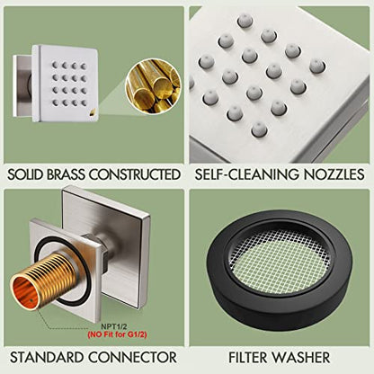 Shower Body Spray Jets, Brushed Nickel Brass Square Shower Body Sprayer Spa Massage Showerhead Wall Mount Nozzles NPT 1/2”-4PCS (Brushed Nickel) - color: Square-Brushed Nickel, style: 4pcs
