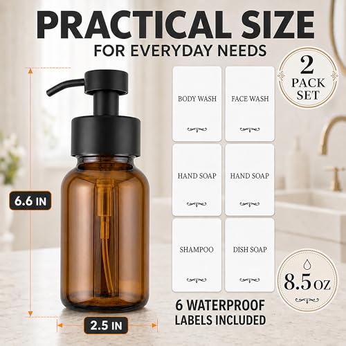 Amber Glass Foaming Soap Dispenser, 2 Pack, 8.5 Oz, Refillable | Foaming Hand Soap Dispenser; Pump Bottles, Non-Slip Bottom, 6 Moisture-Resistant Labels; for Bathroom & Kitchen Counter Decor