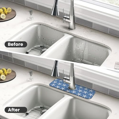 Blue Starfish Abstract Coastal Beach Nautical Ocean Kitchen Sink Splash Guard Faucet Mat Super Absorbent Fast Drying Mat Sink Gadgets-Fast Drying Pad Sink Mat For Kitchen Bathroom (15" X 5.5" ) - color: Starfish