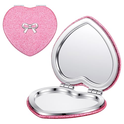 Qianyu Compact Folding Mirror Heart Shaped Double-Sided 1X/2X Magnifying Mirror Cute Mini Glitter Makeup Mirror with PU Leather Ultra-Portable Cosmetic Mirror for Women Home Office Travel (Rose red) - color: Rose Red