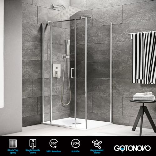 gotonovo Rainfall Bathroom Shower System Rain Shower Head and Handle Set Wall Mounted Shower Complete Combo Solid Brass Pressure Balancing Shower Mixer Valve 8 Inch Brushed Nickel - color: Brushed Nickel, size: 8 Inch