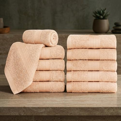 100% Cotton Washcloths 12x12 Inches, 600 GSM, Soft & Absorbent, Durable, Set of 10, Beige - color: Beige, size: Washcloth Set of 10