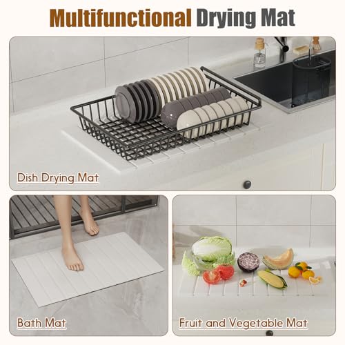 Dish Drying Mat，Stone Drying Mat for Kitchen Counter，Heat Resistant and Super Absorbent Foldable Bath mats,Made of Diatomaceous Earth and Leather.24.8"×15.7" White