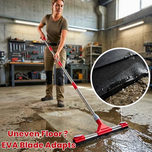 Floor Squeegee Scrubber with Extendable 62" Long Handle | 17.3" EVA Foam Blade, Reinforced Steel Frame for Garage, Concrete, Tile, Patio, Pool, Shower & Uneven Surface Cleaning
