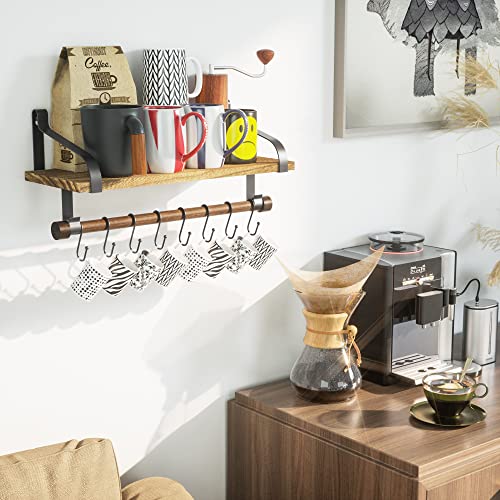 Love-KANKEI 17.3"Floating Wall Shelf Solid Wood,Coffee Bar Carbonized Black | Spice Rack,Towel Bar/8 Hooks,40 Lbs/shelf,Easy to Install,For Kitchen,Bathroom,Living Room,Bedroom,Office,Entryway Display - color: Carbonized Black
