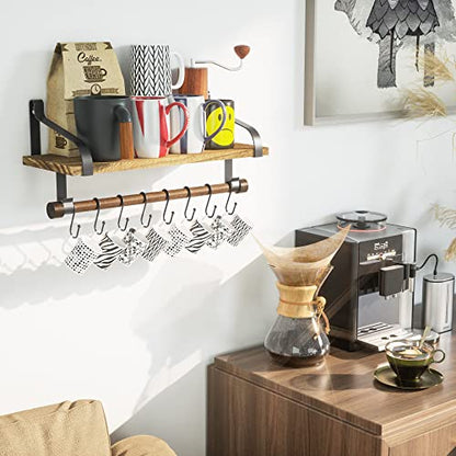 Love-KANKEI 17.3"Floating Wall Shelf Solid Wood,Coffee Bar Carbonized Black | Spice Rack,Towel Bar/8 Hooks,40 Lbs/shelf,Easy to Install,For Kitchen,Bathroom,Living Room,Bedroom,Office,Entryway Display - color: Carbonized Black