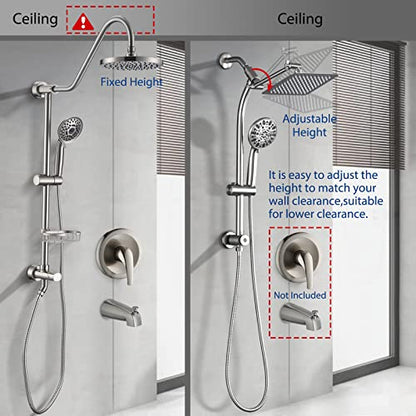 Rainfall 8 Inch Shower Head with High Pressure Handheld Spray Combo, Drill-Free Slide Bar with Adjustable Shower Extension Arm, 3-Way Low Diverter for Easy Reach, 5Ft Hose- Brushed Nickel - color: Brushed Nickel