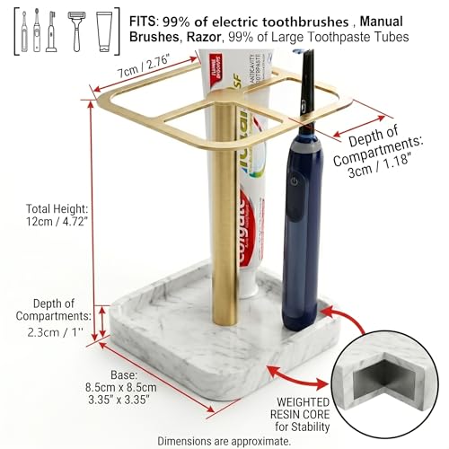 Electric Toothbrush Holder for Bathroom - Resin Marble Base & 304 Stainless Steel Organizer - 3-Slot Toothpaste and Vanity Stand - Space-Saving Bathroom Caddy for Countertop (White Gold) | White Gold Collection: Stainless Steel Electric Toothbrush Holder