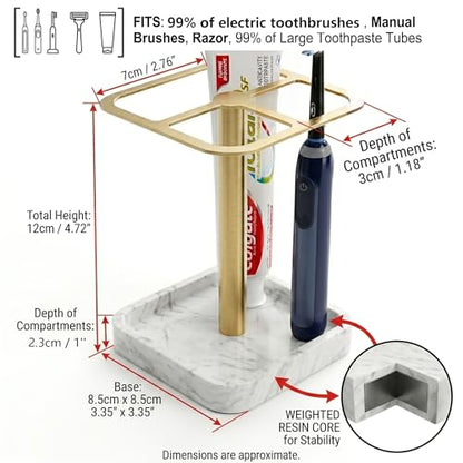 Electric Toothbrush Holder for Bathroom - Resin Marble Base & 304 Stainless Steel Organizer - 3-Slot Toothpaste and Vanity Stand - Space-Saving Bathroom Caddy for Countertop (White Gold) | White Gold Collection: Stainless Steel Electric Toothbrush Holder