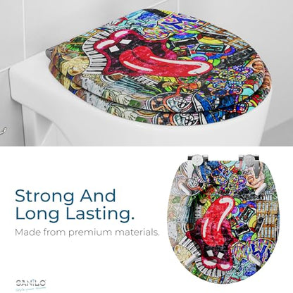 SANILO Wooden Toilet Seat with Soft Close [ROUND] - Decorative, Quiet & Slow Close Molded Wood Seat - With Strong Bumpers & Hinges - Adjustable Fit – Graffiti - color: Graffiti